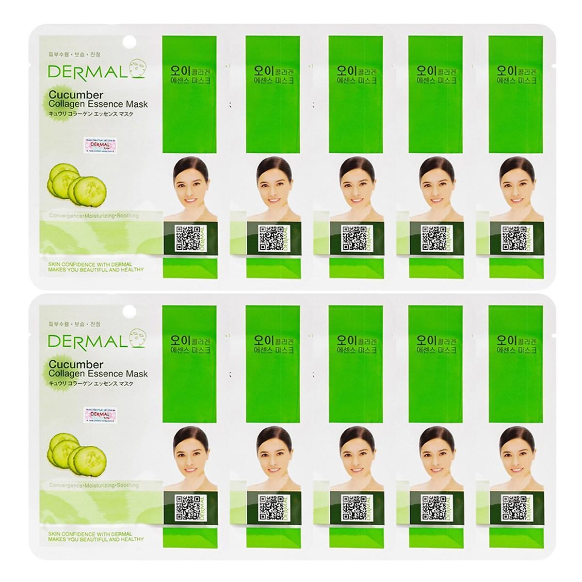 Bộ mặt nạ collagen chiết xuất dưa leo Dermal Cucumber Collagen Essence Mask 10 gói/bộ