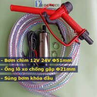 Bộ Máy Bơm Dầu thả chìm trong phi 12V 24V Phi Φ51mm - Bơm40L/phút + Ống dầu lõi lò xo thép chống gập