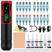 Bộ máy xăm Hoàn chỉnh Súng xăm 1300mAh Nguồn điện 20 chiếc Hộp mực Kim 6 màu Mực xăm Thực hành Băng da cho người mới bắt đầu