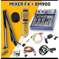 Bộ Mic thu âm livestream BM900 và Bàn trộn Mixer F4 kèm tai nghe,kẹp mic