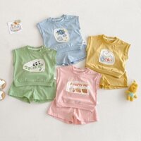 Bộ miếng dán trẻ em áo ba lỗ hoạt hình chữ cái bé gái mùa hè mẫu mới Quần short bé trai màu trơn Bộ hai chiếc mỏng KO2A