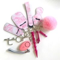 Bộ Móc Khóa Báo Động Nữ Chống Gió Móc Chìa Khóa Điểm Tự Vệ Cổ Tay Pompon
