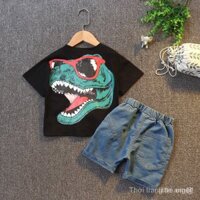 Bộ món áo thun cotton cổ tròn hoạ tiết khủng long phong cách Hàn Quốc + quần shorts denim dành cho bé trai