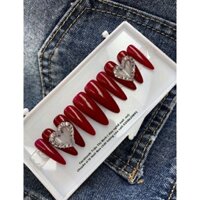 bộ móng tay giả nail box đính đá màu đỏ siêu sang kèm keo( ib chọn fom móng vuông, nhọn, oval,...)