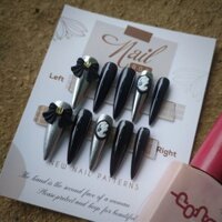 bộ móng tay giả nail box màu đen chất tráng gương bạc