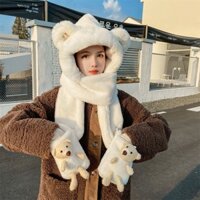 Bộ Mũ Khăn Choàng Bao Tay CON GẤU 3in1 Đa Năng Chất Lông Cừu Mịn Ấm Áp Cho Nữ