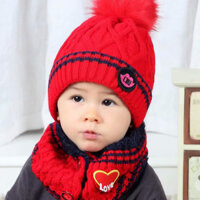 Bộ mũ len cho bé quả bông kèm khăn ống lót nỉ cao cấp, nón len khăn cho bé trai và bé gái mẫu mới