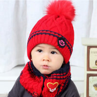 Bộ mũ len quả bông kèm khăn cao cấp trẻ em, sét nón len kèm khăn cho bé trai và bé gái