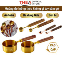 Bộ muỗng đong ml, thìa định lượng đo lường inox cao cấp pha chế gia vị, café, sữa tay cầm cán gỗ – THEA