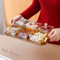 Bộ Mứt Mica Chữ Nhật Decor Siêu Xinh | Khay bánh kẹo đựng hoa quả mứt tết 6 ngăn vuông có nắp Cao Cấp