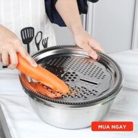 Bộ Nạo Bào Cắt Đa Năng Rau Củ 3 Món - Rổ Nạo Rau Củ Kiêm Rổ, Chậu Inox Cao Cấp