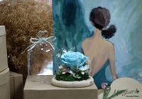 Bộ nắp chụp thủy tinh đế gỗ hoa hồng xanh dương