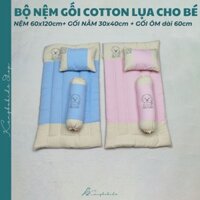 Bộ Nệm Gối Cotton Lụa thêu 3 Món: Gối Nằm 30x40cm + Gối Ôm dài 60cm + Nệm 65x120cm