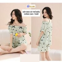 Bộ Ngủ 2 Dây Nữ Quần Đùi Áo Kiểu Trễ Vai Tay Cộc Mát Mẻ Phong Cách Hàn Quốc YOLUMI