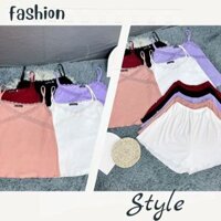 Bộ ngủ 2 dây pijama mặc nhà lụa cao cấp mùa Hè áo hai dây quần đùi viền bèo dễ thương SET48