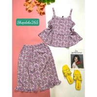 Bộ ngủ 2 dây,đồ ngủ mặc nhà lửng vải lụa BL 28 hoạ tiết hoa nhí siêu cưng. - Nhí hồng,Size 45-55,57kg