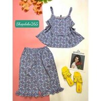 Bộ ngủ 2 dây,đồ ngủ mặc nhà lửng vải lụa BL 28 hoạ tiết hoa nhí siêu cưng. - Nhí xanh dương,Size 45-55,57kg