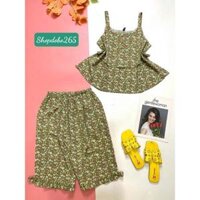 Bộ ngủ 2 dây,đồ ngủ mặc nhà lửng vải lụa BL 28 hoạ tiết hoa nhí siêu cưng. - Nhí xanh đậu,Size 45-55,57kg