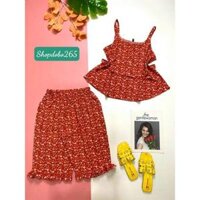 Bộ ngủ 2 dây,đồ ngủ mặc nhà lửng vải lụa BL 28 hoạ tiết hoa nhí siêu cưng. - Nhí đỏ,Size 45-55,57kg