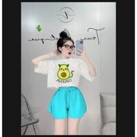 Bộ ngủ áo croptop bơ mèo kèm quần giả váy chất cotton size từ 9 đến 65kg