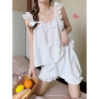 Bộ ngủ áo hai dây quần đùi von viền bèo tiểu thư trắng ,form <60kg ( ảnh thật - clip thật )