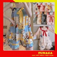 [BỘ NGỦ] Bộ Ngủ Áo 2 Dây Phối Quần Ngắn Bèo, Bộ Đồ Nữ Mặc Nhà Siêu Cute