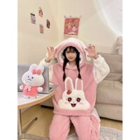 Bộ ngủ bông hình thỏ hồng ấm áp đáng yêu mặc giữ ấm mùa đông