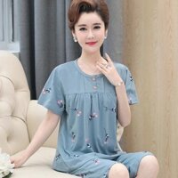 Bộ ngủ cho mẹ mùa hè trung niên chất thun cao cấp - Bộ quần áo ngủ cộc tay cotton mùa hè cho mẹ trung niên