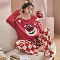 BỘ NGỦ COTTON DÀI TAY GẤU DÂU MẸ VÀ BÉ mềm đẹp