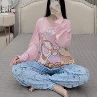 Bộ ngủ cotton nữ dài tay, màu hồng họa tiết hoạt hình đáng yêu, freesize