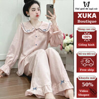 Bộ ngủ dài tay nữ, pijama set đồ nữ phối màu hồng kẻ cổ sen bánh bèo XUKA BOUTIQUE hcom3327