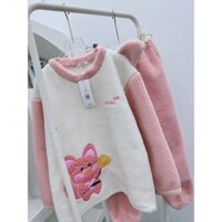 Bộ ngủ lông 2 mặt hàng cao cấp thêu gấu hồng đáng yêu lông 2 mặt mềm mịn