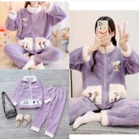 Bộ ngủ lông cừu 2 mặt thêu hình chó trắng túi vuông cao cổ màu tím trắng, áo khoác lông kéo khóa bộ mặc nhà, SEE_2T