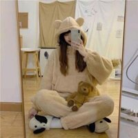 Bộ ngủ lông cừu túi trước mũ tai thỏ siêu ấm áp cho mùa đông không lạnh thời trang hàn quốc