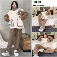 Bộ ngủ lông gấu kéo khóa cao cổ thêu gấu nâu dễ thương, sét đồ pyjama mặc nhà lông cừu 2 mặt mượt mà - EOBI
