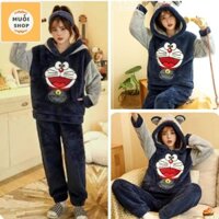 Bộ ngủ Lông MÈO DORAEMON xanh mặc nhà- bộ lông cừu hình kute dễ thương , bộ ngủ lông dày dặn ấm áp mùa đông-Muoishop