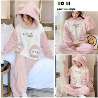 Bộ ngủ lông túi dâu hồng đáng yêu, Đồ bộ pijama mặc nhà lông cừu mượt mà ấm áp - EOBI