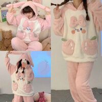 Bộ ngủ lông túi dâu hồng đáng yêu, Đồ bộ pijama mặc nhà lông cừu ấm áp sét đồ pyjama mặc nhà lông cừu 2 mặt mượt mà