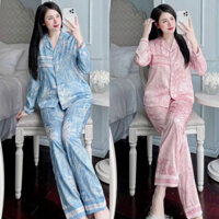 Bộ ngủ lụa xước ánh kim xanh hồng cây dừa - Pijama tay dài quần dài