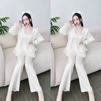 Bộ ngủ mặc nhà chất lụa satin tay dài quần dài phối nơ dưới 60kg