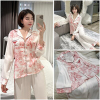 Bộ ngủ mặc nhà pijama lụa gân Quảng Châu cao cấp tay dài nhện túi hồng