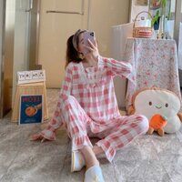Bộ Ngủ nữ  Cotton dài tay kiểu babydoll  cổ ren tay bo chun kẻ  caro Hồng đáng yêu