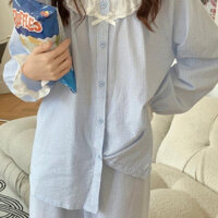 Bộ ngủ nữ dài tay INFLACHI bộ đồ pijama mặc nhà cổ tròn phối ren bigsize bộ bầu kẻ caro cotton mềm xinh basic mã 107 A-T