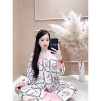 Bộ ngủ nữ, đồ bộ pyjama lụa mango cổ nhọn hồng dài tay họa tiết cô gái hồng đáng yêu