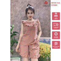 Bộ ngủ nữ kẻ caro quần đùi sát nách chất vải đũi nhẹ mát thoáng khí Liilove AF