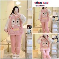 Bộ ngủ nữ lông cừu san hô mùa đông họa tiết thêu đáng yêu màu hồng xinh xắn - TONGKHO