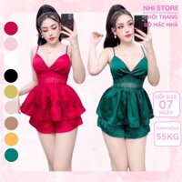 Bộ Ngủ Ren NHISTORE Quần Đùi Bèo Áo Cúp Ngực Sexy Freesize Dưới 55kg