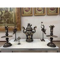 Bộ Ngũ Sự Đỉnh thờ bằng đồng cao 50cm màu 2Line đồng vàng màu đen viền nổi - đỉnh chạm rồng
