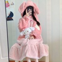 Bộ ngủ thỏ hồng cute lông giày cực ấm cho mùa đông không lạnh thoải mái mặc ở nhà, bộ mặc nhà ấm áp