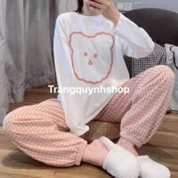 Bộ ngủ,Bộ mặc nhà hình gấu dễ thương chất thun cotton,quần bo ống hoạ tiết kẻ caro-Trangquynhshop